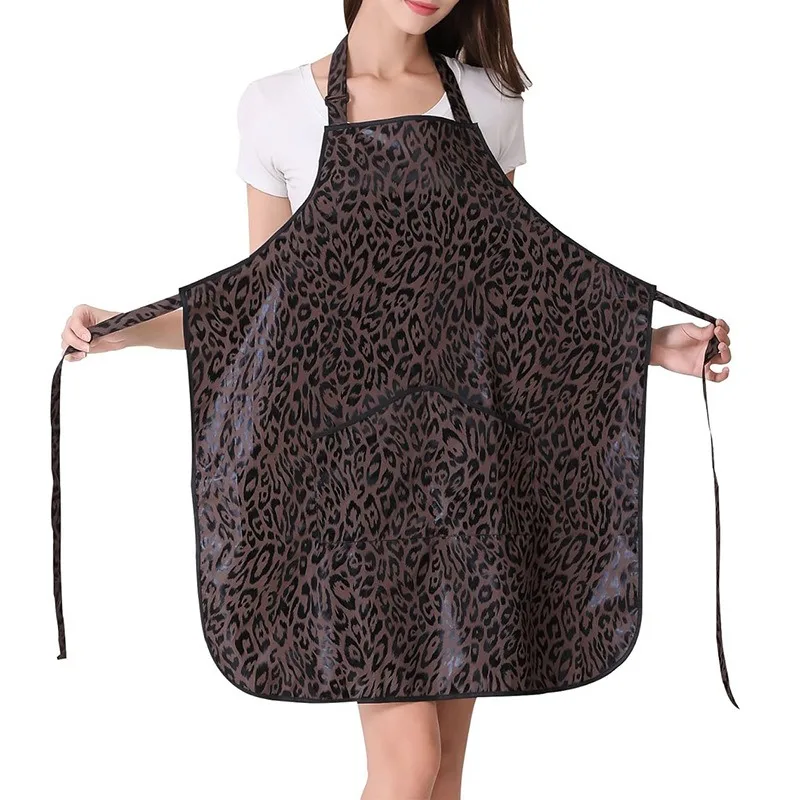 PU Waterproof Leopard Print Neck Hanging Apron Bar Waiter Work Clothes Apron Barber Gardener Nail Salon Work Clothes Apron