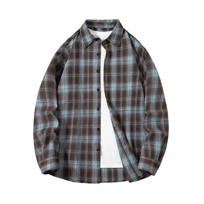 

2026 Winter Plaid Shirt Men's Casual Long Sleeve Outerwear Couple's Hong Kong Style Loose Fit Shirt Comfortable Cotton Blend