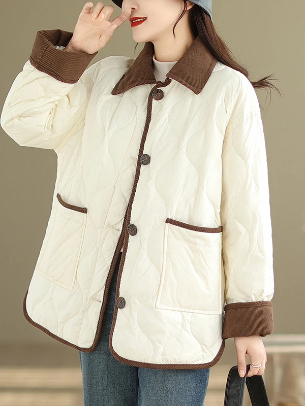 جايت قطني خفيف الوزن مع ألوان متباينة بنمط ألماس وياقة مقلوبة كاجوال للنساء في الشتاء... #4