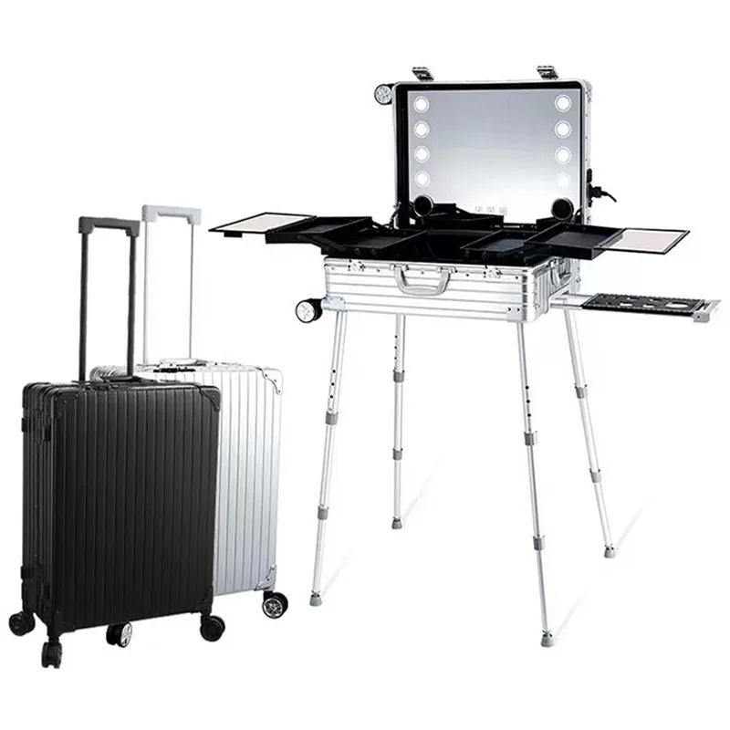 Luxury Smart Aluminum Makeup Suitcase With Wheel Light Bluetooth Audio Travel Suitcases Cosmetic Hairdresser Trolley Toolbox