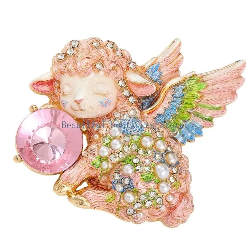 U4LF Alloy Sheep Brooch with a Winged Sparkling Stone and Pin Closure for Clothing, Scarves, Hats, or Bags