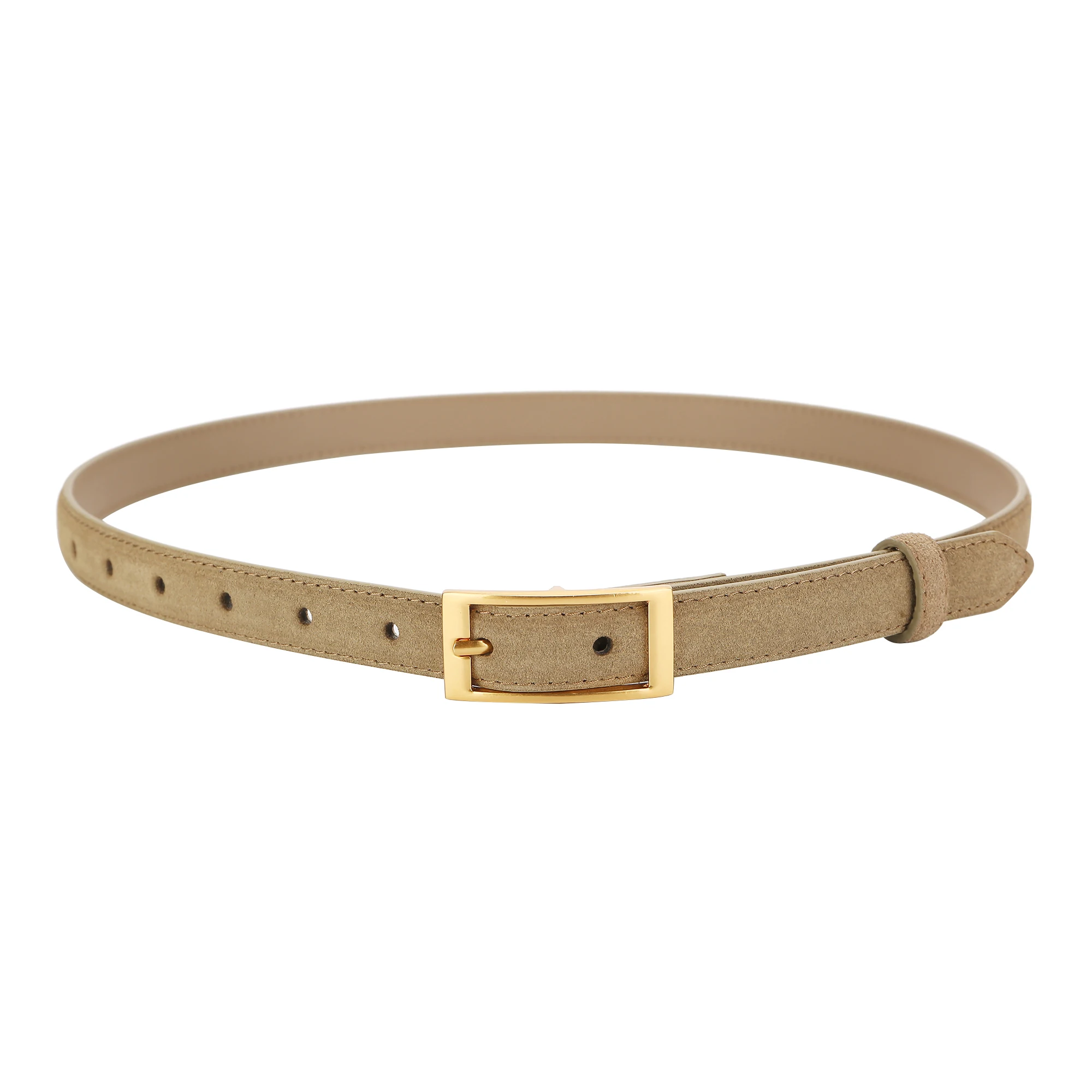Luxuriöser Wildleder-Rindsledergürtel für Damen, Schmaler Ledergürtel für Kleider, Jeans und Hosen mit Goldener Quadratschnalle – Detail 10