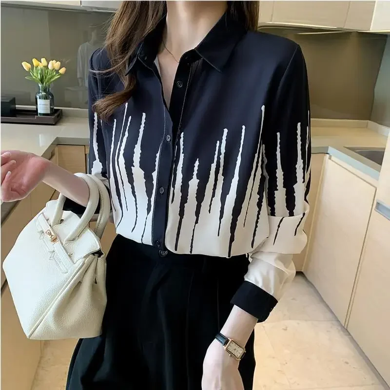 

Vintage Printed Lapel Long Sleeve Button Oversized Chiffon Shirt Autumn Casual Tops Loose Commute Women's Blouse JJ67