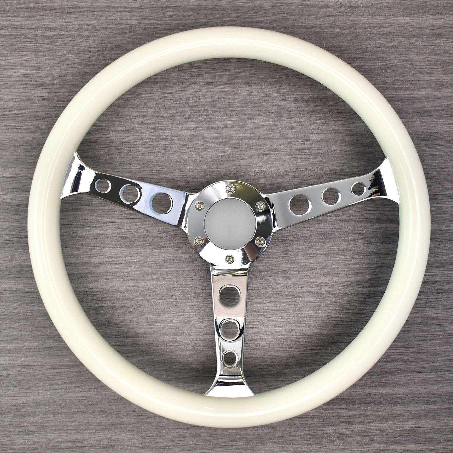 

Classic 370cm White Wooden Steering Wheel ABS Chrome Silver Spoked Universal Racing Car Wheel