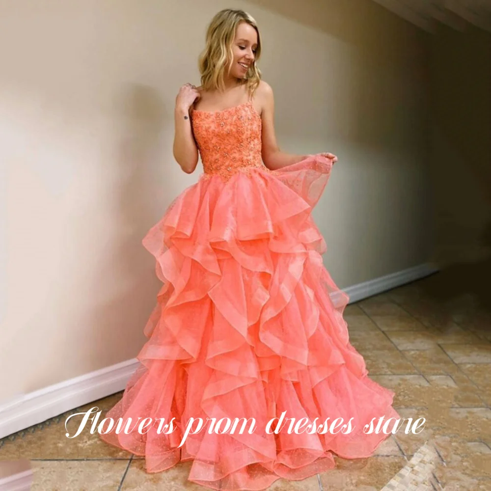 

Flowers Coral Prom Dress Spaghetti Strap Celebrity Dress with Ruffled Layers Women's Evening Dress Beaded Formal Gown Customized