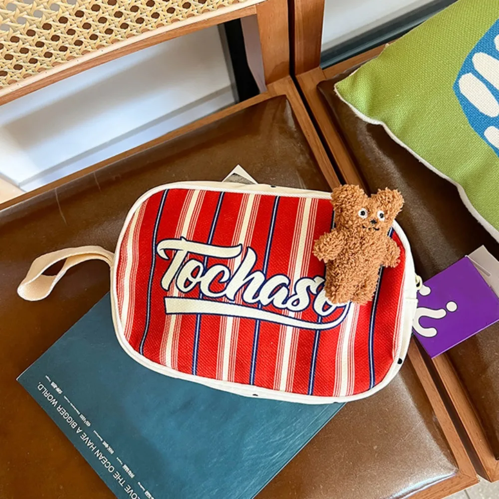 

Портативная сумка в полоску в консервативном стиле с буквенным принтом на молнии, детский клатч, винтажный кошелек с медведем для монет для девочек