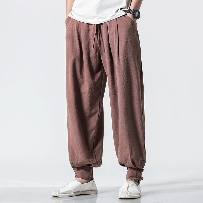 Chinese Style Summer Men Linen Pants 2024 Men Wide Leg Japanese Trousers Male Drop Crotch Hiphop Man Joggers Harem Pants 12119