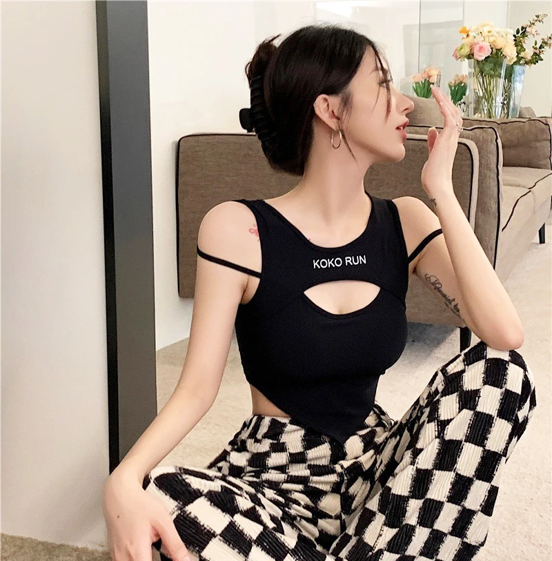 Casual Crop Tops Women Knit Irregular Tops Sexy Hollow Out Camisole Fake Two Pieces Tank Tops With Bra Pad Summer Women Vest