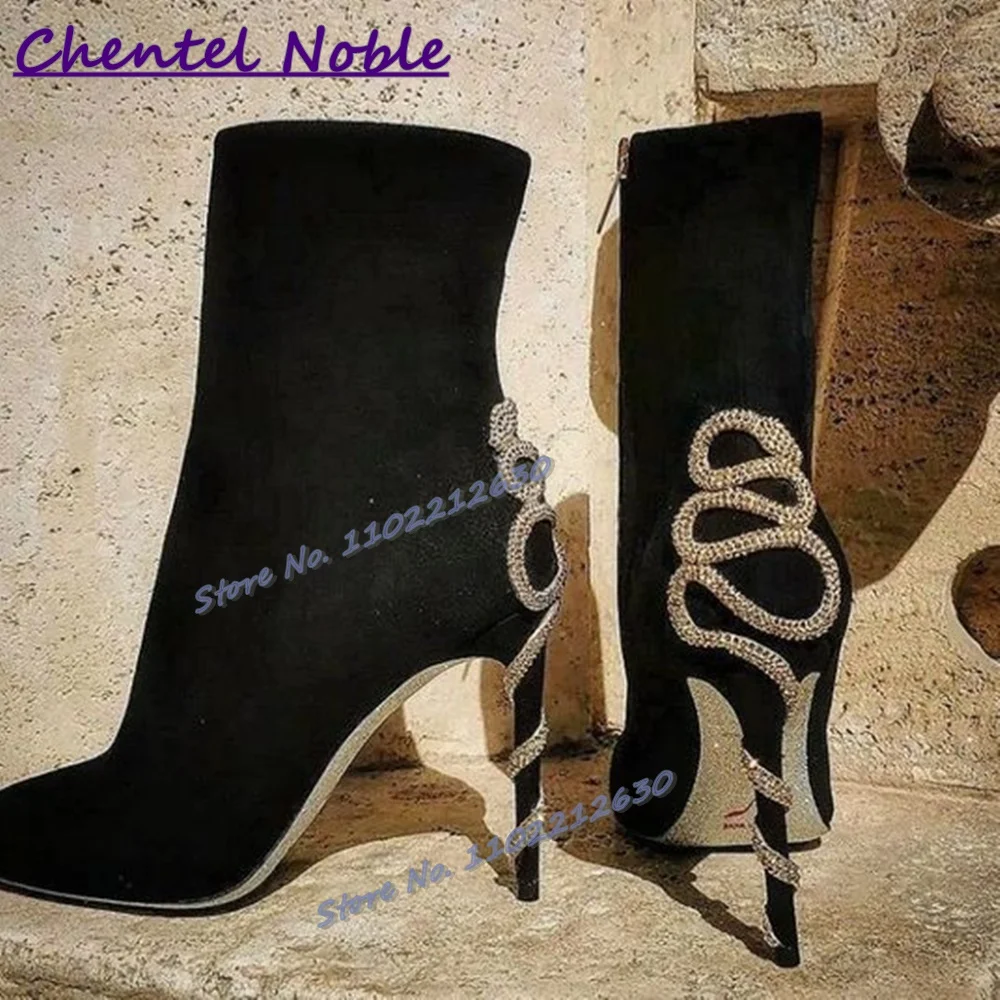 Snake Shape Rhinestone Wrap Heel Boots Black Suede Pointy Toe Thin High Heels Winter Fashion Luxury Sexy Women Shoes Ankle Boots