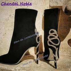 Snake Shape Rhinestone Wrap Heel Boots Black Suede Pointy Toe Thin High Heels Winter Fashion Luxury Sexy Women Shoes Ankle Boots