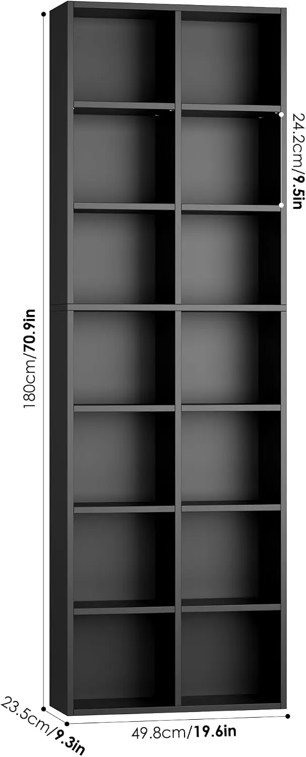 FOTOSOK Bookshelf Bookcase 7-Tier Narrow Bookshelf Tall CD Media Tower Rack | 71'' Black Bookshelf Tall Bookcase with Cube Stora