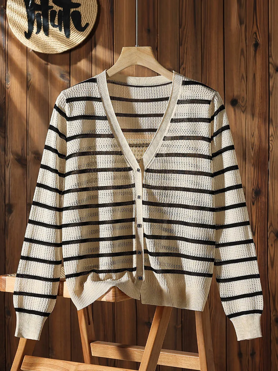 High Quality Striped Long Sleeved Hollowed Out Knitted Cardigan Thin Women's Summer New Coat with Ice Silk Sun Protection