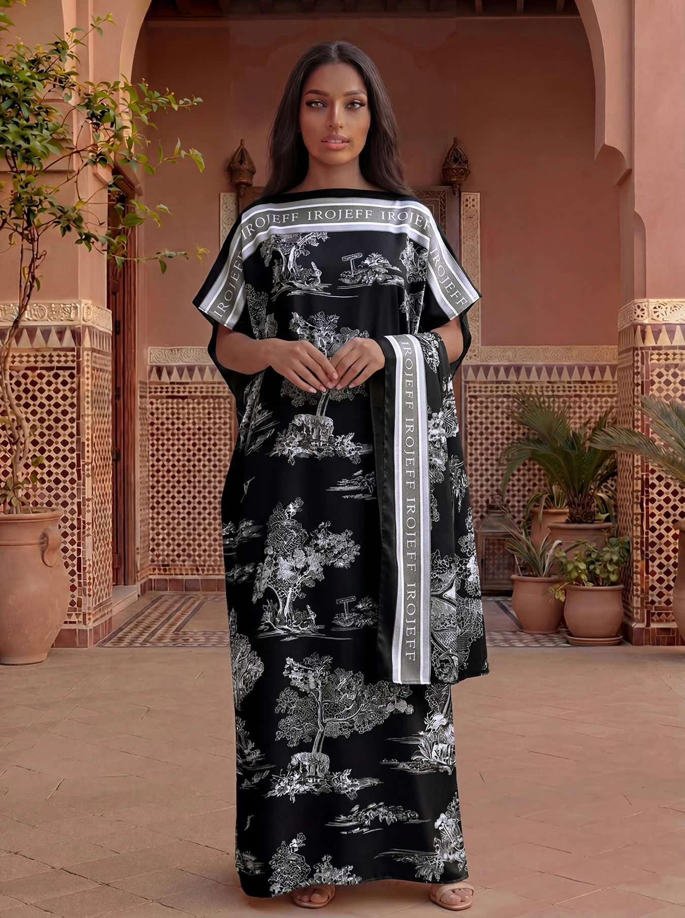 Vintage Landscape Tree Print Satin Abaya Scarf Set, Loose Batwing Maxi Kaftan For Muslim Women Summer Daily Holiday Outfit