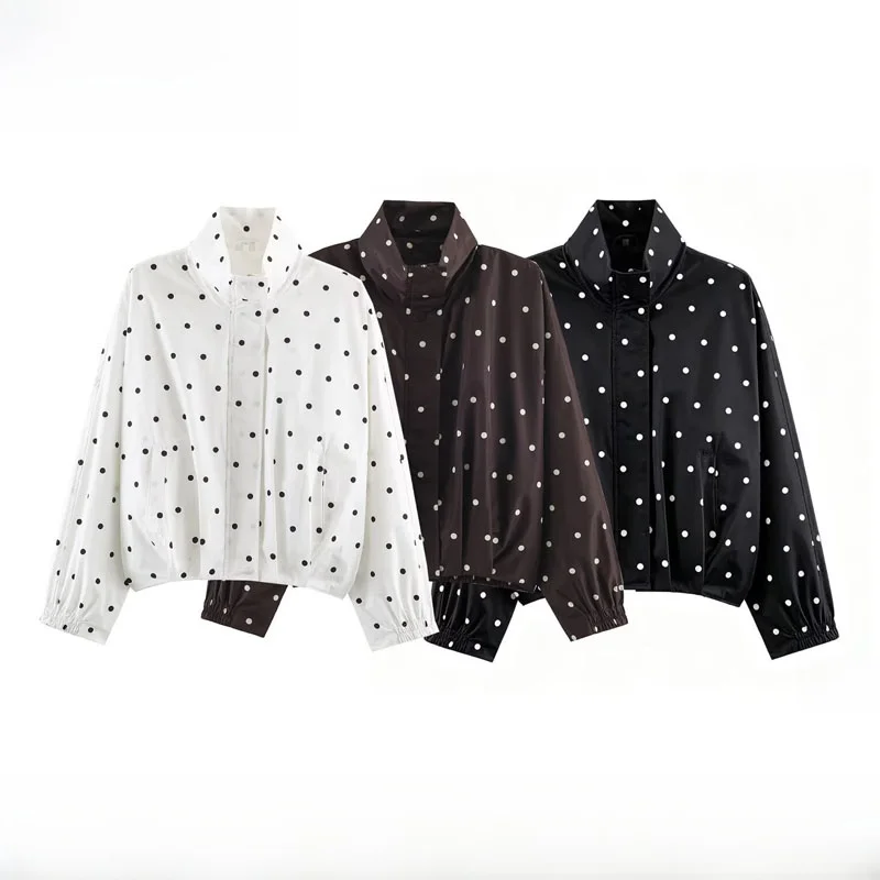 Early Autumn New Arrival Women's Fashion Polka Dot Pilot Jacket Coat ZR Style Polyester Fiber Loose Fit Short Sleeve Zipper