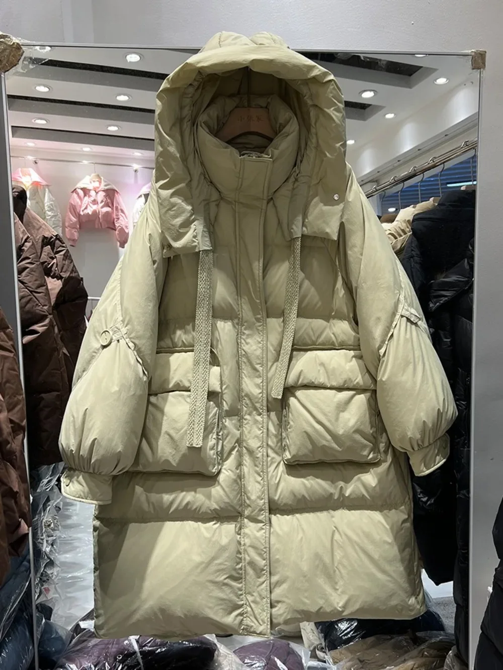 

Pockets Drawstring Fluffly Coat 2024 New Female Hooded Long Thick Thermal Overcoats Korean Style Solid Color Down Jackets