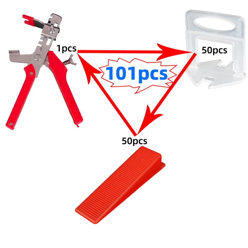 Tile leveling system, tools 1mm / 1.5mm / 2mm / 2.5mm / 3mm, 50 bases + 50 inserts + 1 pliers, 101 combination kits.