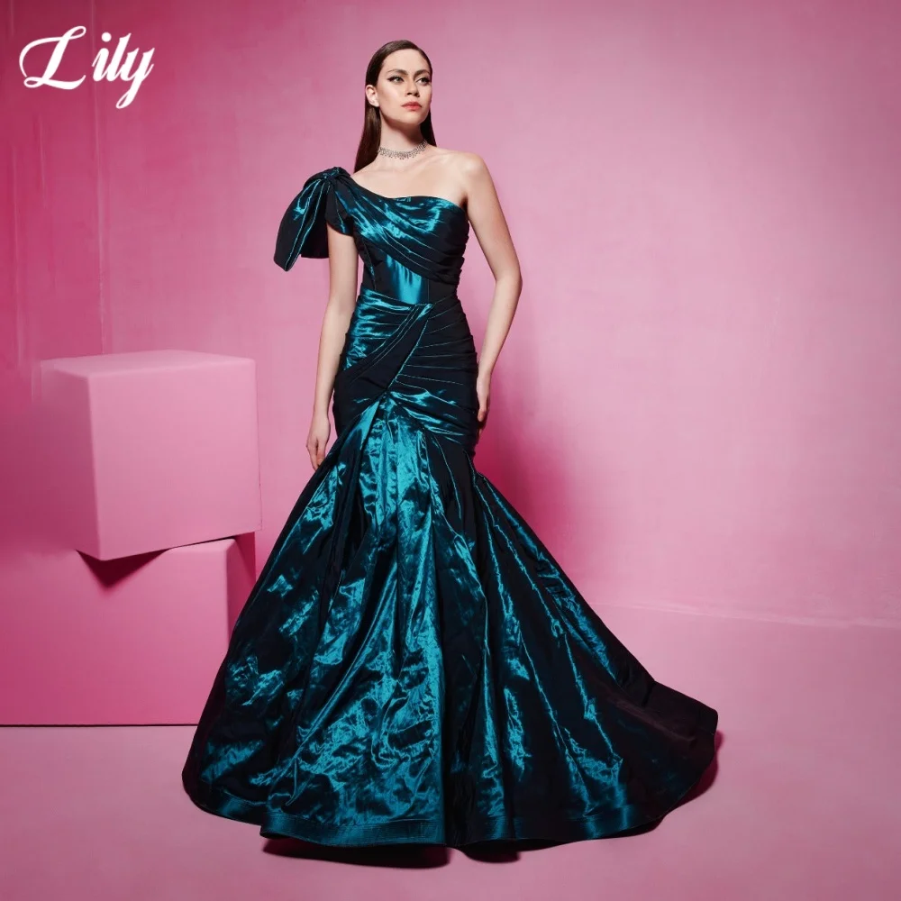 

Lily Dark Green Elegant Prom Gown One Shoulder Backless Mermaid Party Dress Satin Pleated Chic Woman Evening Dresses Customized