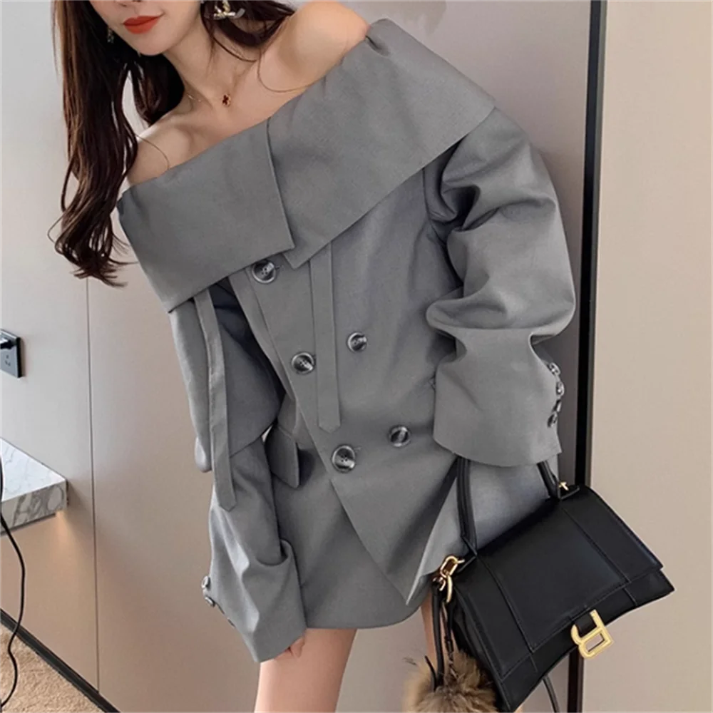 

One word shoulder gray suit jacket women's double breasted blazer