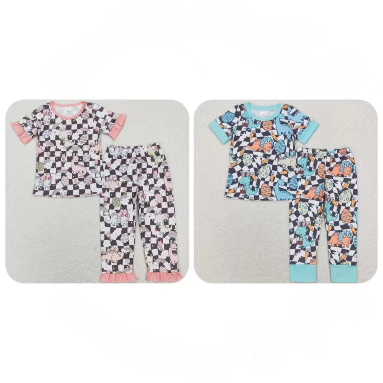 

Wholesale Easter Children Short Sleeve Dinosaurs Eggs Shirt Checkered Pants Matching Baby Boy Girl Set Kid Infant Outfit Pajamas