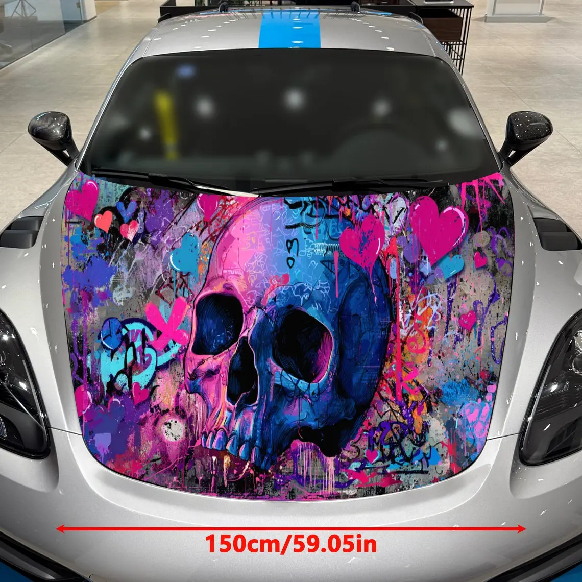 Heart Splatter Trendy Skull Car Vinyl Wrap, PVC Material Waterproof Car Hood Sticker, Self-Adhesive Scratch-Resistant Stickers f