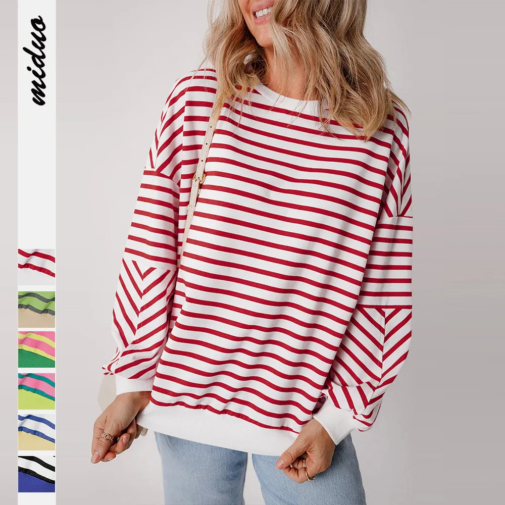 

Fashion Striped Cotton O-neck Sweatshirt Autumn and Winter Women's Loose Fit Casual Wear Warm Windproof Knit Pullover Sweatshirt