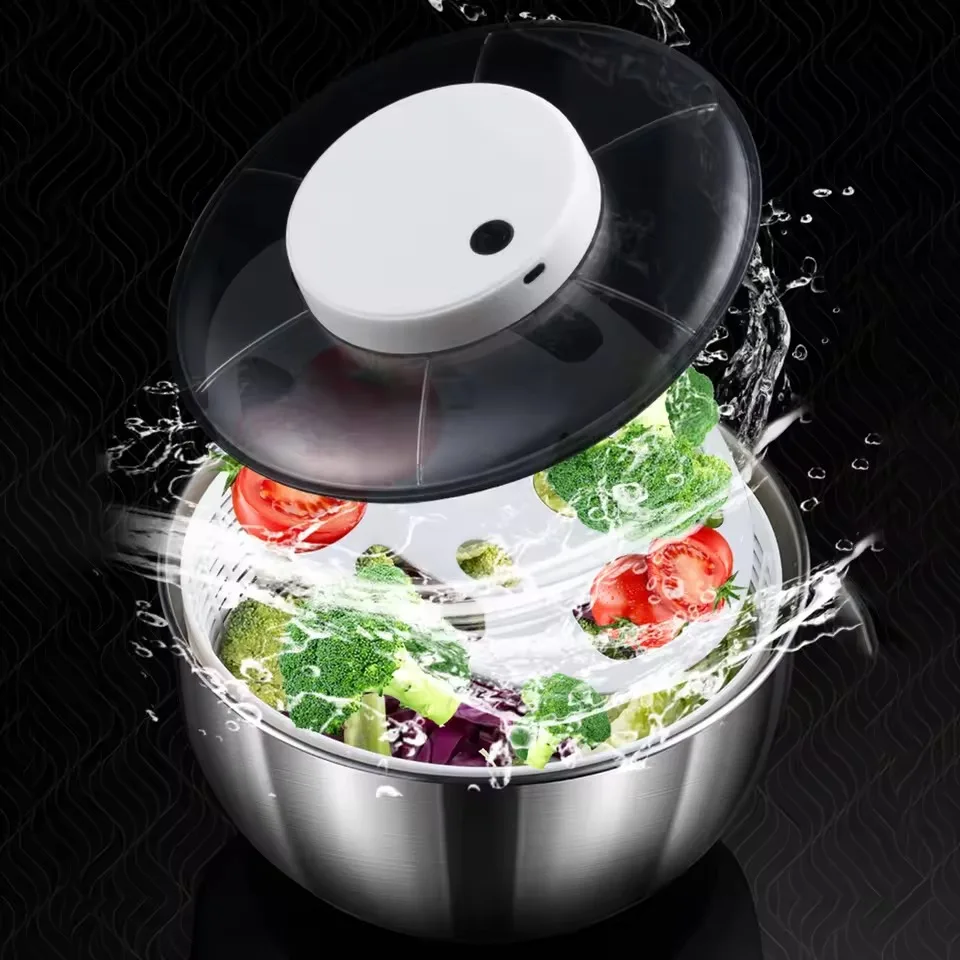 Fruit and Vegetable Washing Stainless Steel Electric Vegetable Dehydrator Household Fruit Salad Rotary Water Thrower
