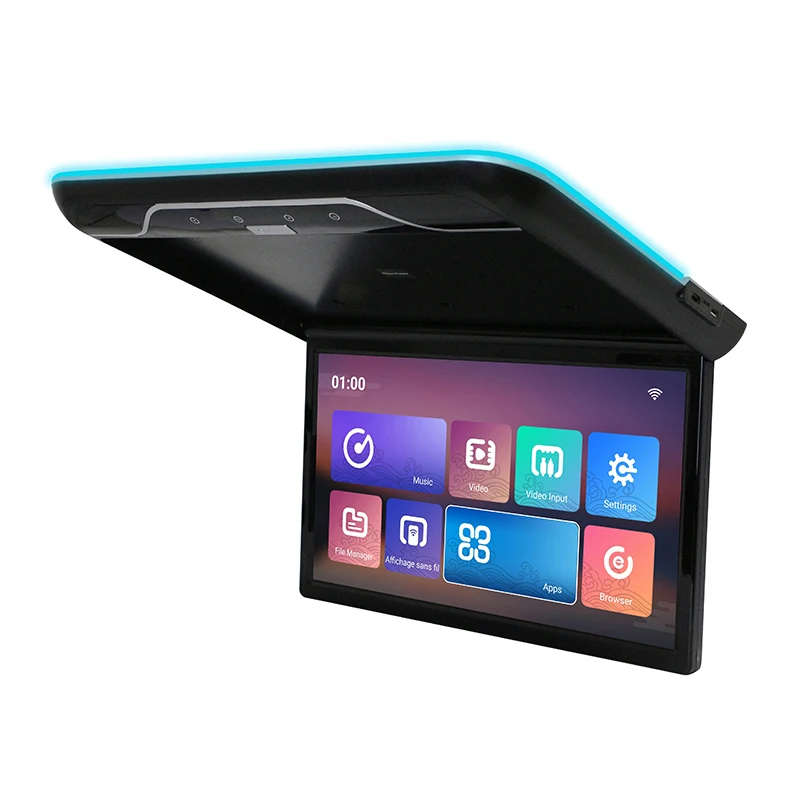 22 Inch Car Roof Monitor TV Flip Down， 1080P Video Player IPS Ceiling Display Screen 16 Colors Ambient Lights SD HDMI FM Android