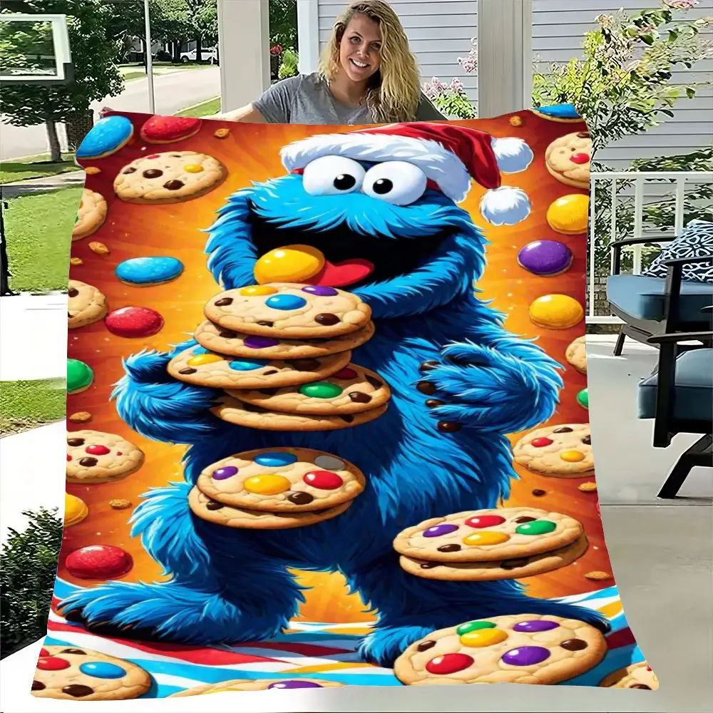 Sesame Street Cookie Monster Christmas Blanket - Festive Plush Throw Featuring Joyful Cookie Monster in Santa Hat Holding Colorf