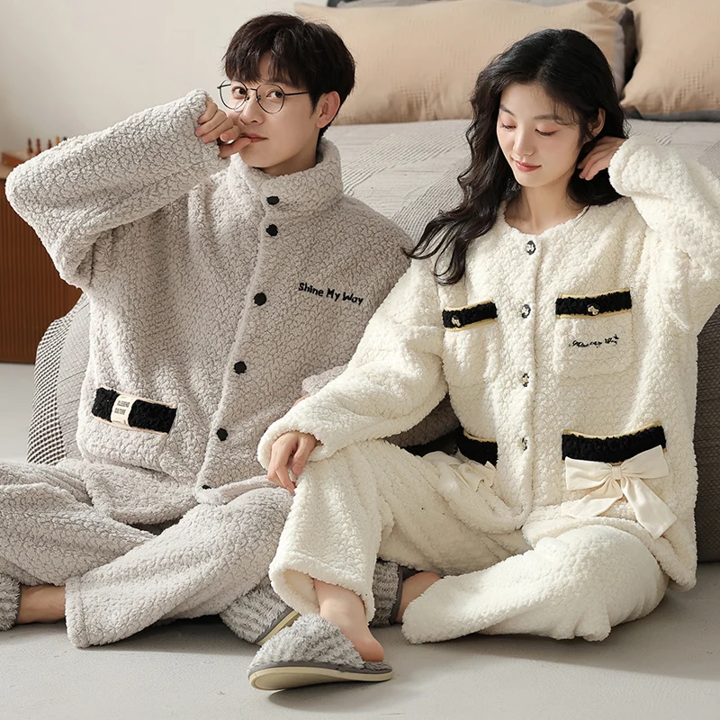 Winter Coral Fleece Lined Couple Pajamas Set New Style Cardigan Home Clothes For Men And Women Thickened For Cold Weather