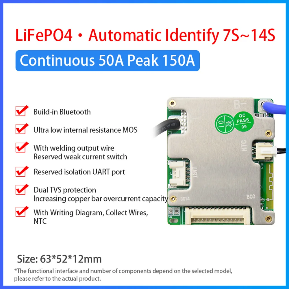JiaBaiDa Automatische identificatie 7s-14s 7S 8S 9S 10S 11S 12S 13S 14S 20A 30A LFP NMC Smart BMS 24V 36V 48V Batterijbeheersysteem