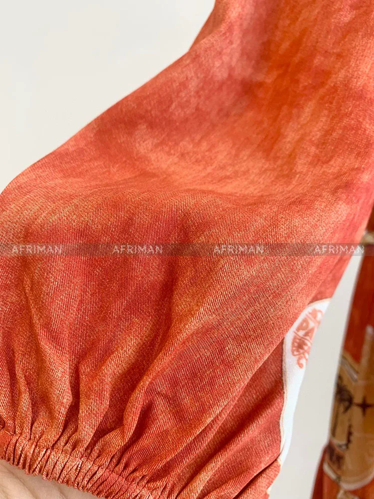 여성용 해마 프린트 폴로 칼라 랜턴 소매 100% 린넨 롱 셔츠 드레스