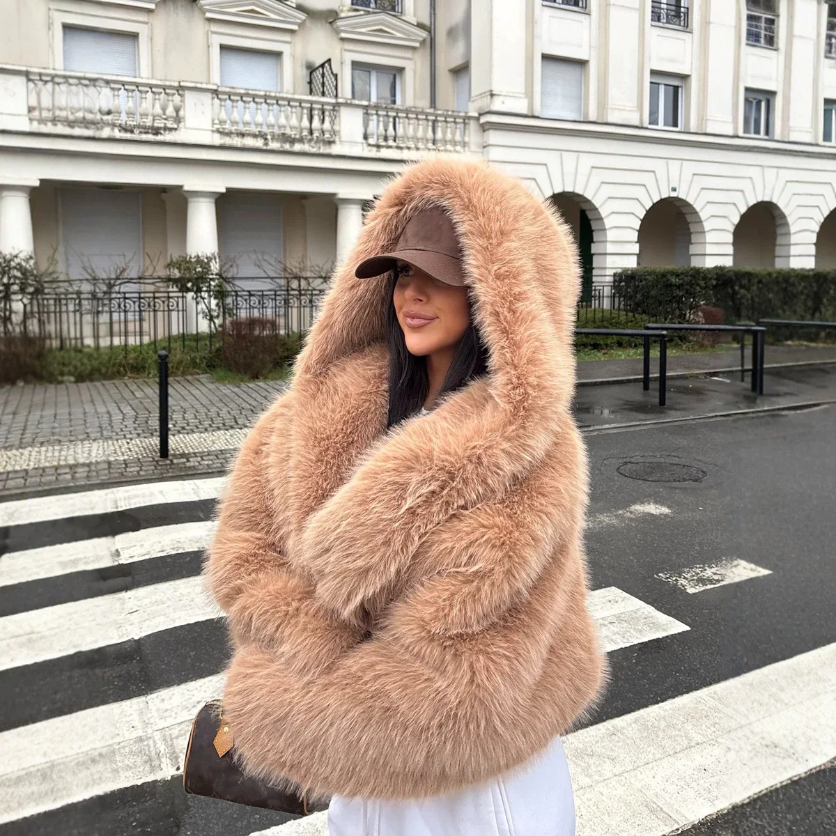 2026 Winter Women Hooded Cropped Faux Fur Coat Fashion Fluffy Fox Fur Jacket High Quality Solid Girls Cardigan Short Overcoat