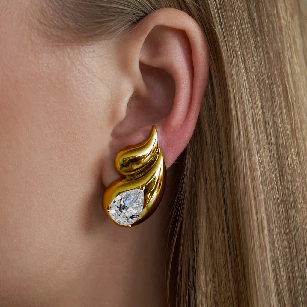 Gold Color Chunky Double Teardrop Earrings for Women Clear Crystal Waterdrop Statement Earring Vintage Jewelry Gift