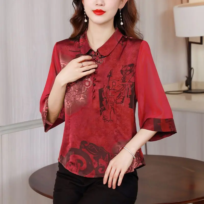 Women\'s Clothing Spring Summer New Blouse Loose Satin Shirt 2023 V-Neck Three Quarter Large Printing Elegant Fashion Vintage Top