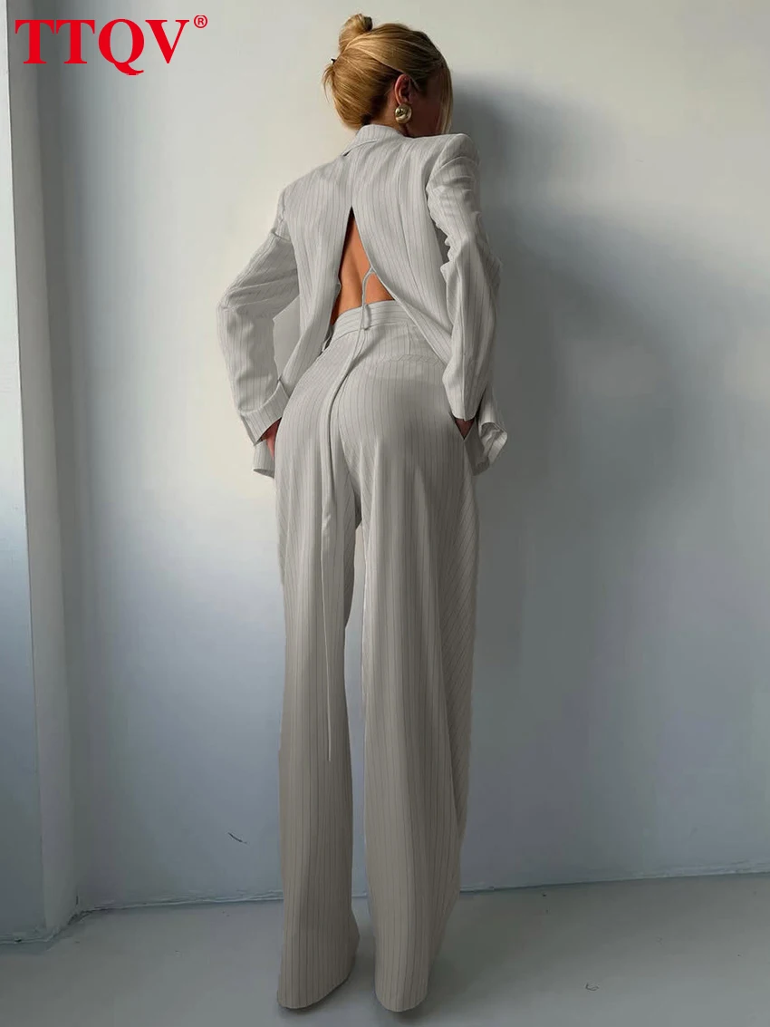 

TTQV Fashion Loose Dark Blue Stripe Women's 2-Piece Sets 2026 Elegant Long Sleeve Blazer With High Waist Wide Pants Set Female