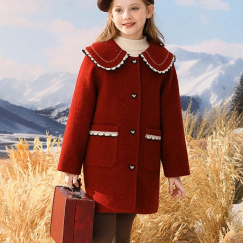 Girls Woolen Coat Jacket Windbreak 2023 Red Wine Warm Thicken Winter Cotton Overcoat Christmas Teenagers Children\'s Clothing