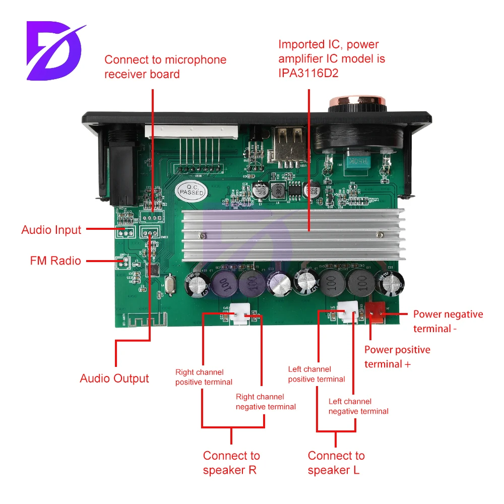 Плата декодирования MP3 BT постоянного тока 12 В, автомобильный аудио MP3-декодер TPA3116D2, плата усилителя 2*100 Вт