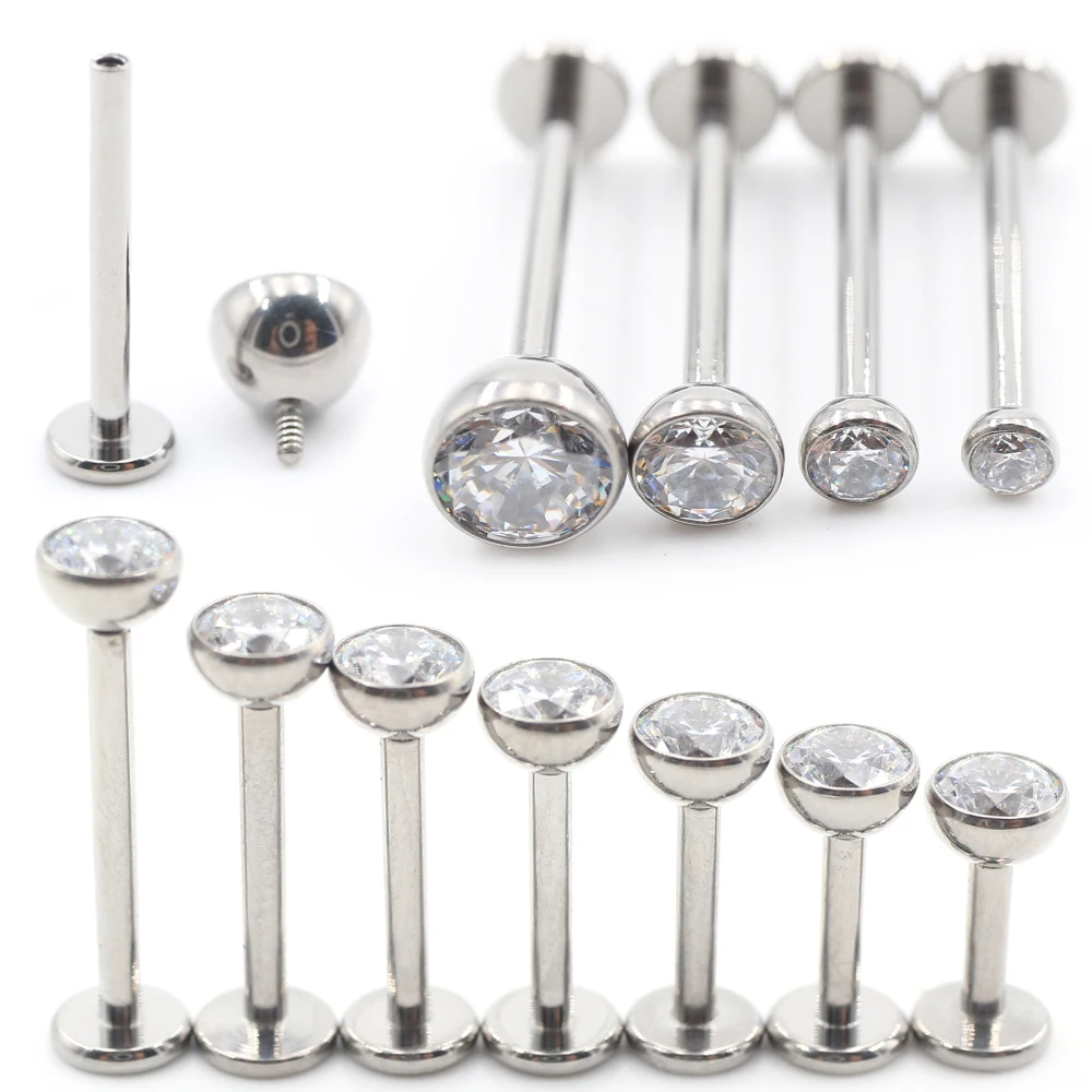 1PC Internally Threaded Titanium Zircon Anodized Labret Lip Ring Ear Stud Tragus Cartilage Barbell Earring Body Piercing Jewelry