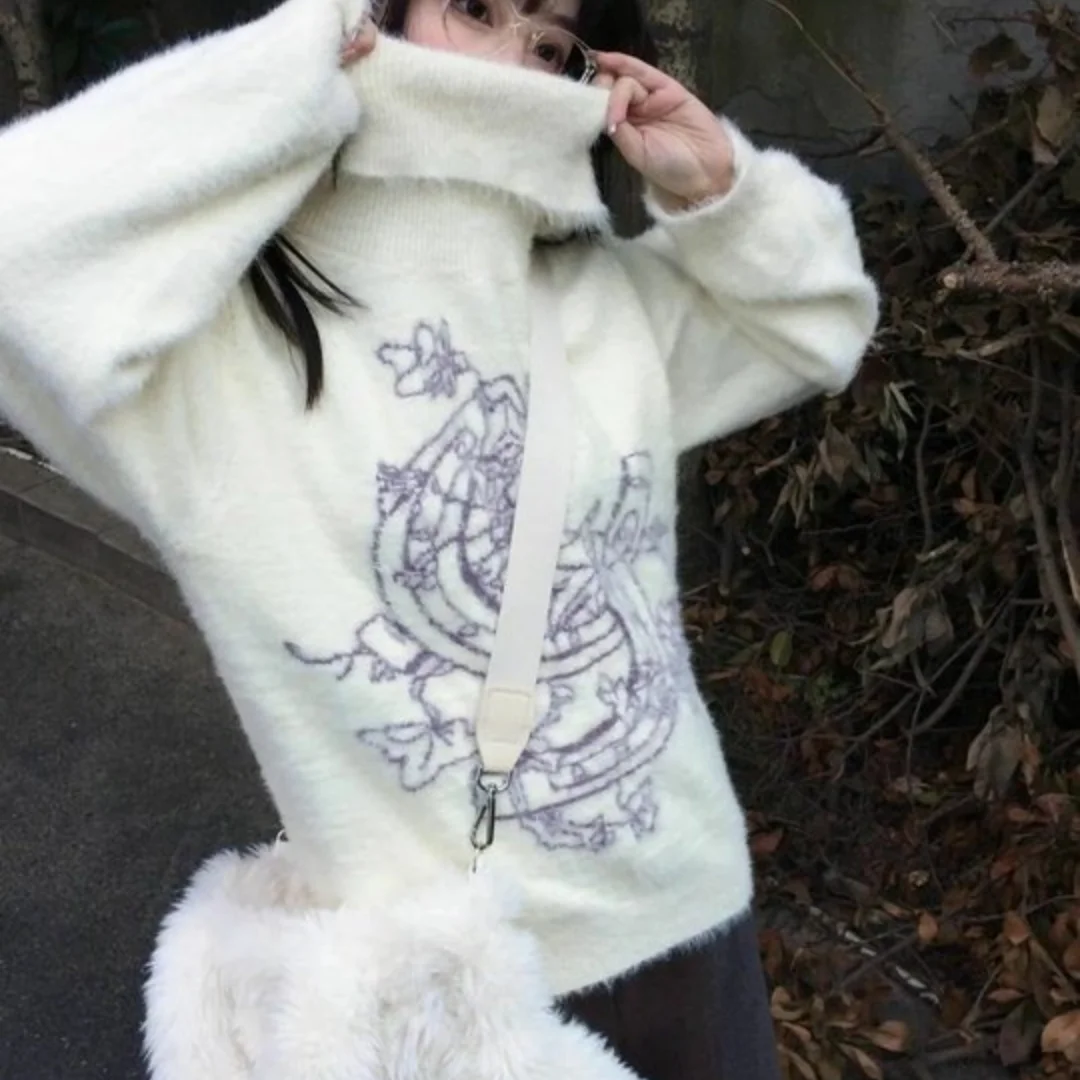 อเมริกันสวีทกราฟฟิตี้พิมพ์เสื้อกันหนาวผู้หญิงฤดูใบไม้ร่วง/ฤดูหนาวแฟชั่นหลวมเสื้อแจ็คเก็ตถักมีฮู้ด