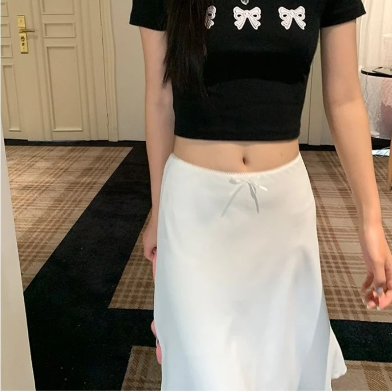 DEEPTOWN White Satin Long Skirt Women vintage elegant Low Waist A-line Slim Silk sexy Y2k Midi Skirt Summer Party Skirts