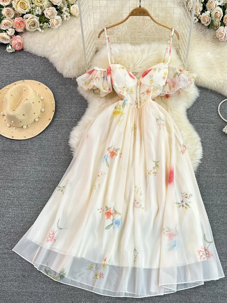 

women Fashion Print Sexy Party Vacation A-line Dress Summer Bra Strap High Waist Slim A-line Dresses vestidos