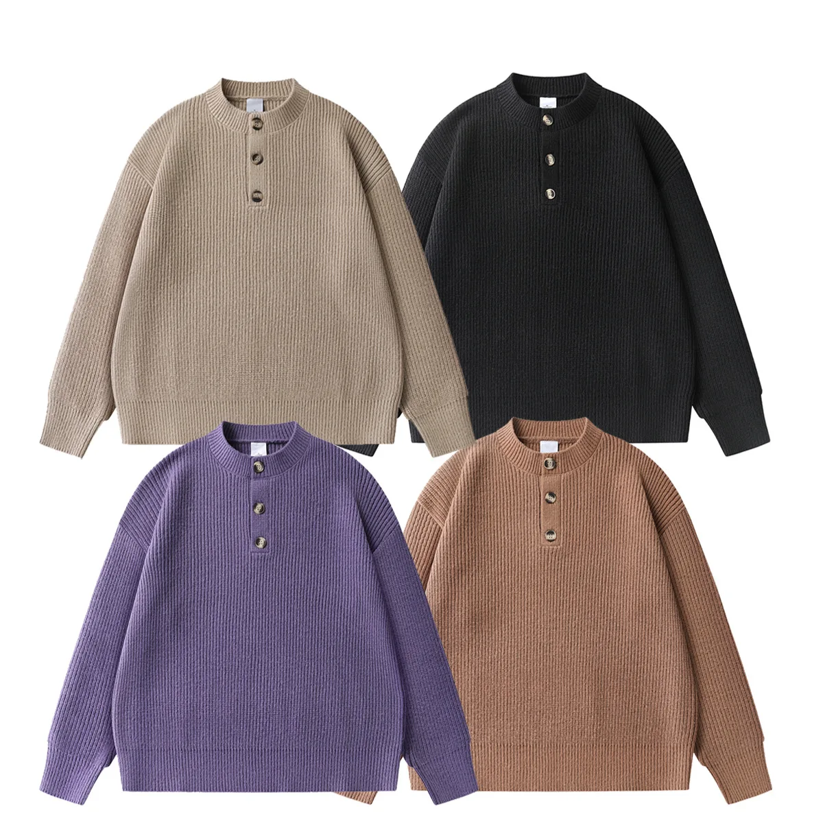 

Ретро-японский утепленный вязаный свитер оверсайз с воротником Хенли, очень теплый, зимний, повседневный, с длинными рукавами