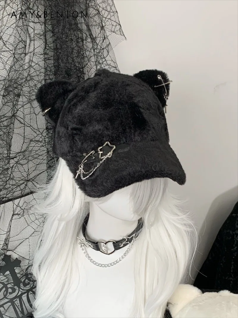 

Original Dark Cat Ear Plush Baseball Cap Japanese Versatile Heavy Chain Subculture Sweet Cute Black Baseball Cap Women Winter