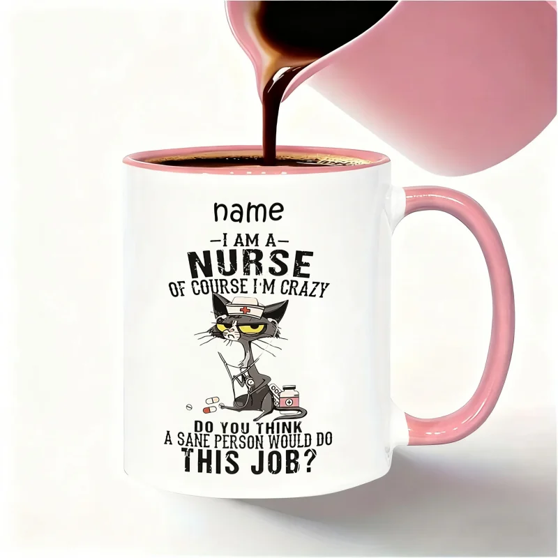 Customizable Black and White Cat Mug - Unique Coffee, Tea, and Beverage Cup with Nurse Hat and Stethoscope Design - Perfect Gift