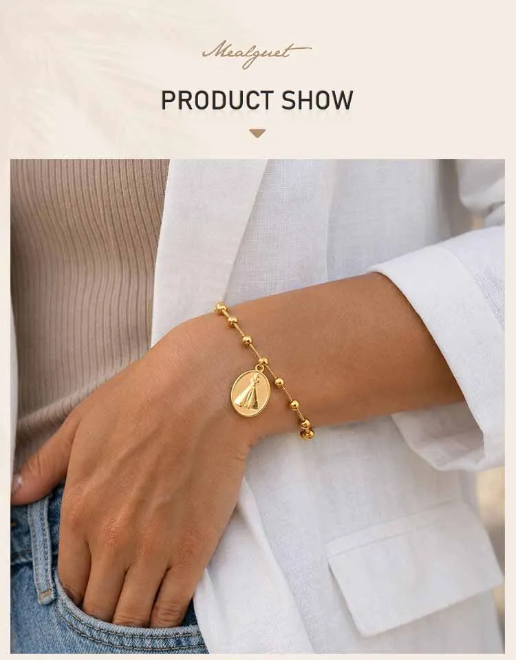 Armband mit Marienmotiv für Damen, 18K vergoldete Edelstahl-Rosenkranz-Kette mit Medaille der Heiligen Jungfrau, katholisches religiöses Geschenk – Detail 1