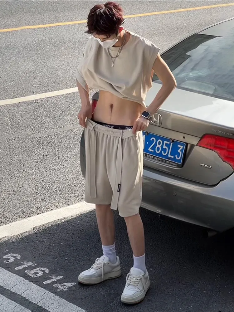 

Мужской летний спортивный костюм Lazy Sle: американский жилет и шорты в стиле Hong Kong Sle Clete, комплект для подростков из полиэстера.