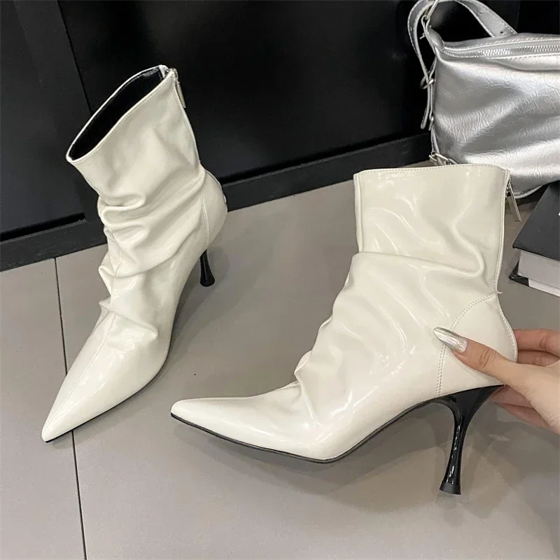 

Eilyken New Design Pleated Pointed Toe Women Ankle Boots Autumn Winter Thin Heels Shoes Fashion Booties Zapatos De Mujer