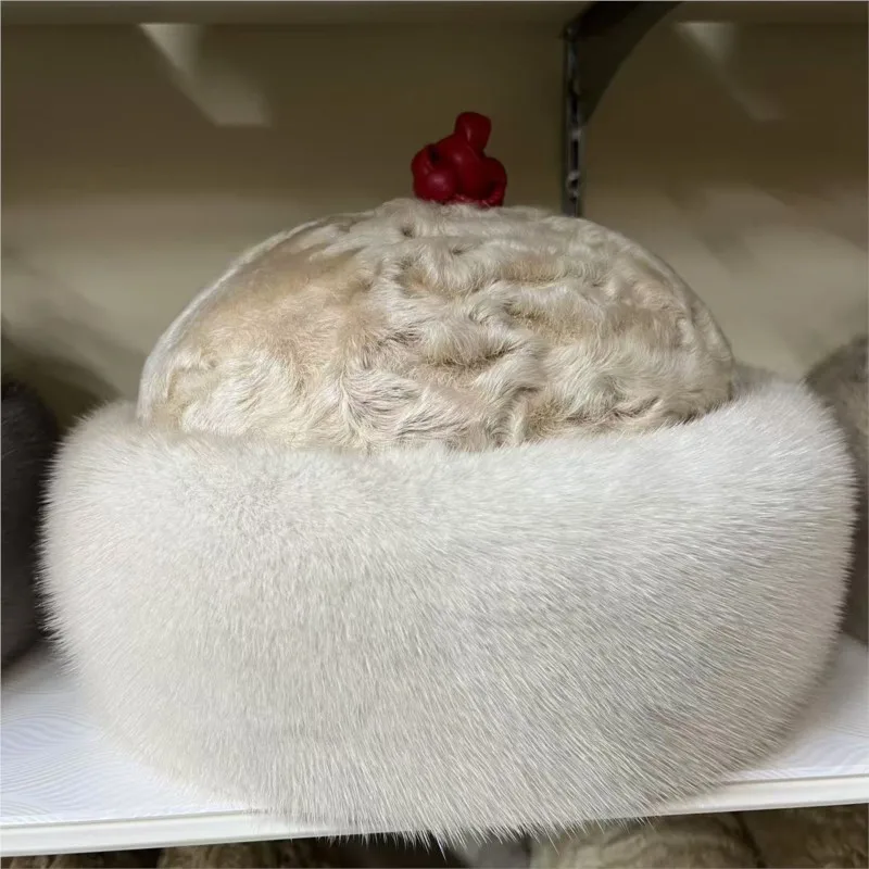 

New style of mid-to-old water-wool hat domed fur integrated outdoor warm leather and real wool