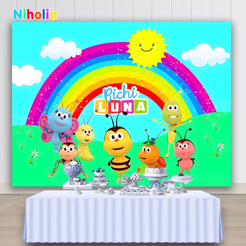 NIHOLIA Bichi Kids Photo Backdrop Happy Birthday Colorful Rainbow Photography Background Custom Decor Banner Props