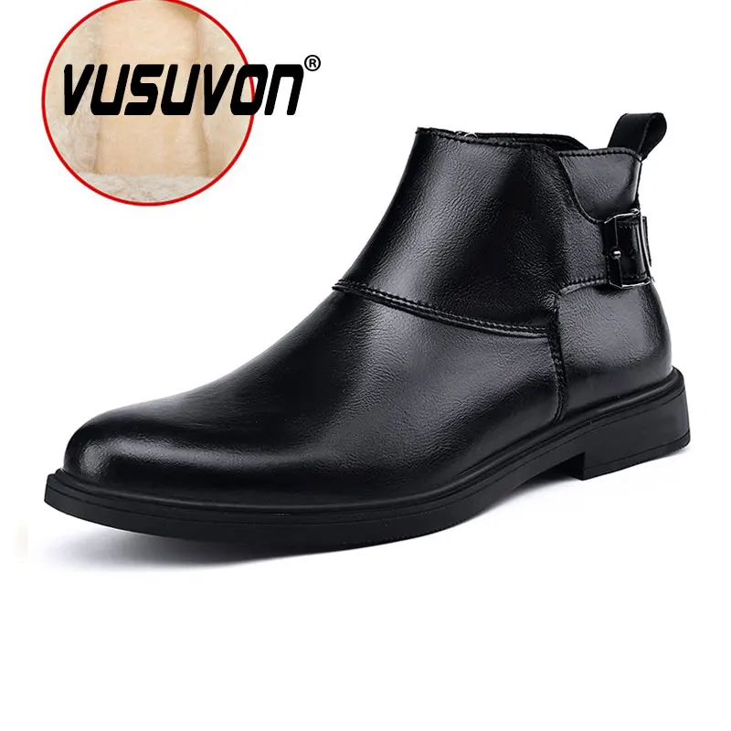 Fashion Men Boots Cow Leather & Fur Plush Winter Warm Black Casual Shoes Party Street Boys Big Size 37-48